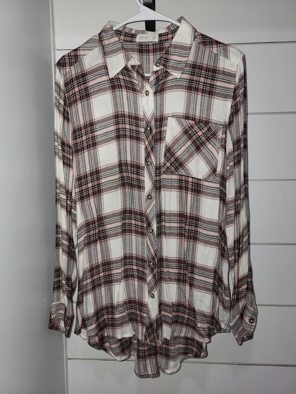 Maurices White and Rust Plaid Button-Down Shirt